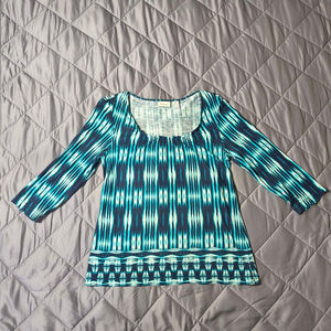 (0) Women's Chico's Navy Teal White Patterned 3/4 Sleeve Top w/ Square Neckline